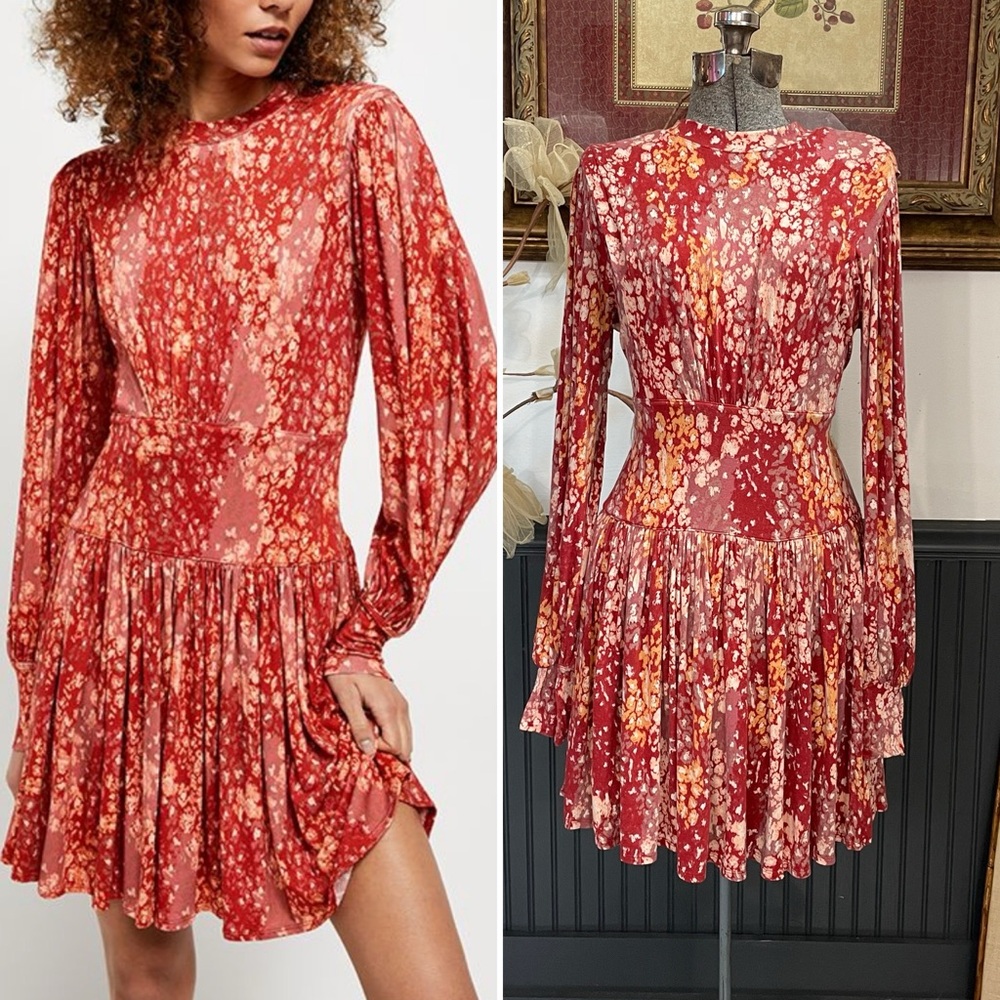 Free People Heartbeats Floral Boho Long Sleeve Jersey Mini Dress - Sz S 💛🎀